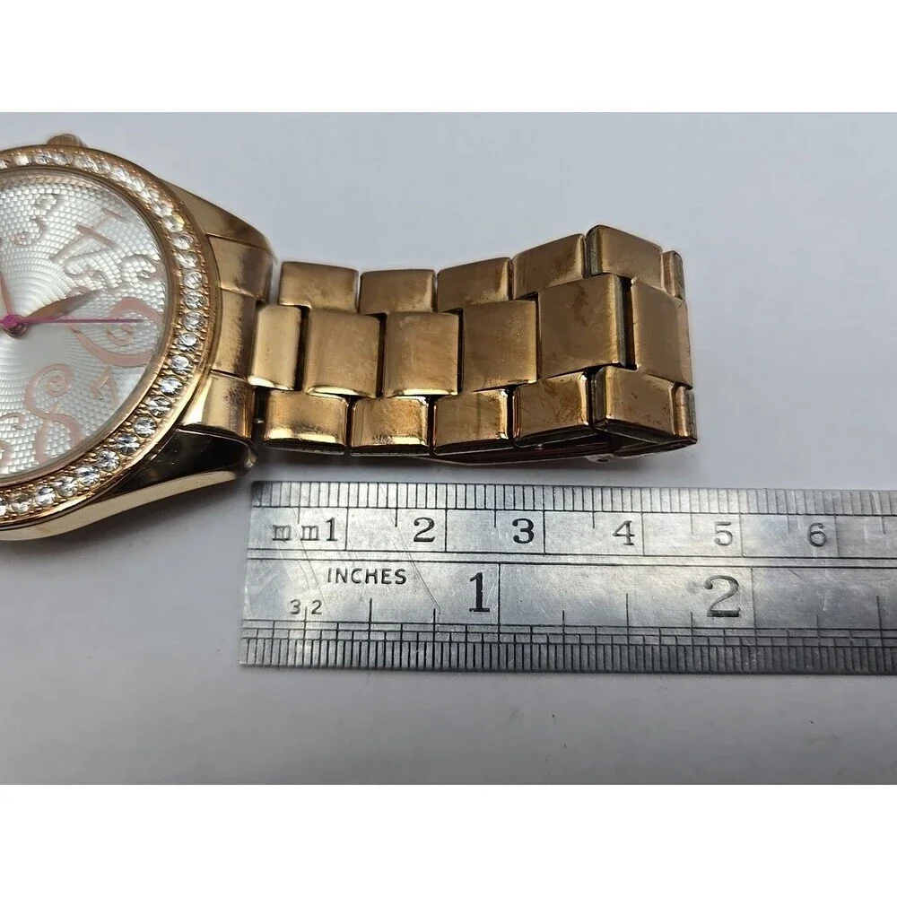 Womens Betsey Johnson 40mm Rose Gold Crystal Bezel Watch New Battery Dress Heart